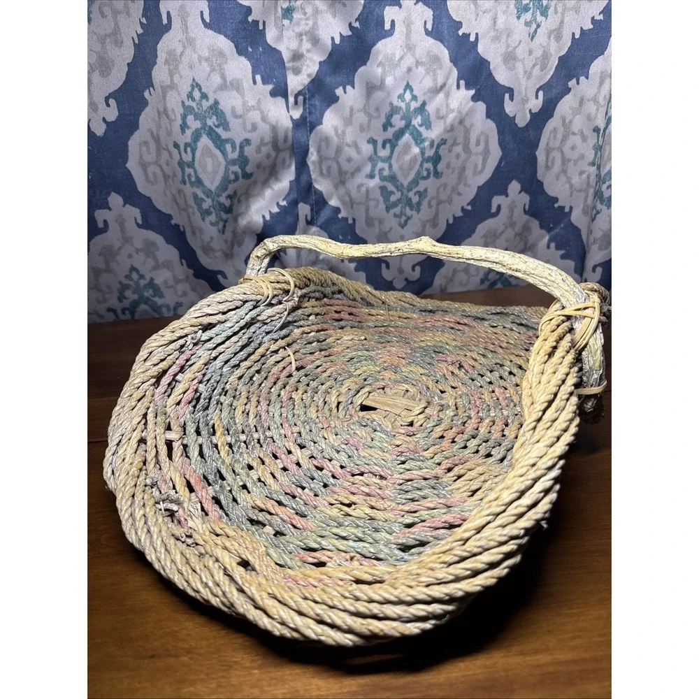 Vintage Rope Gathering Basket‎ Large Distressed Branch Handle Pastel Colors